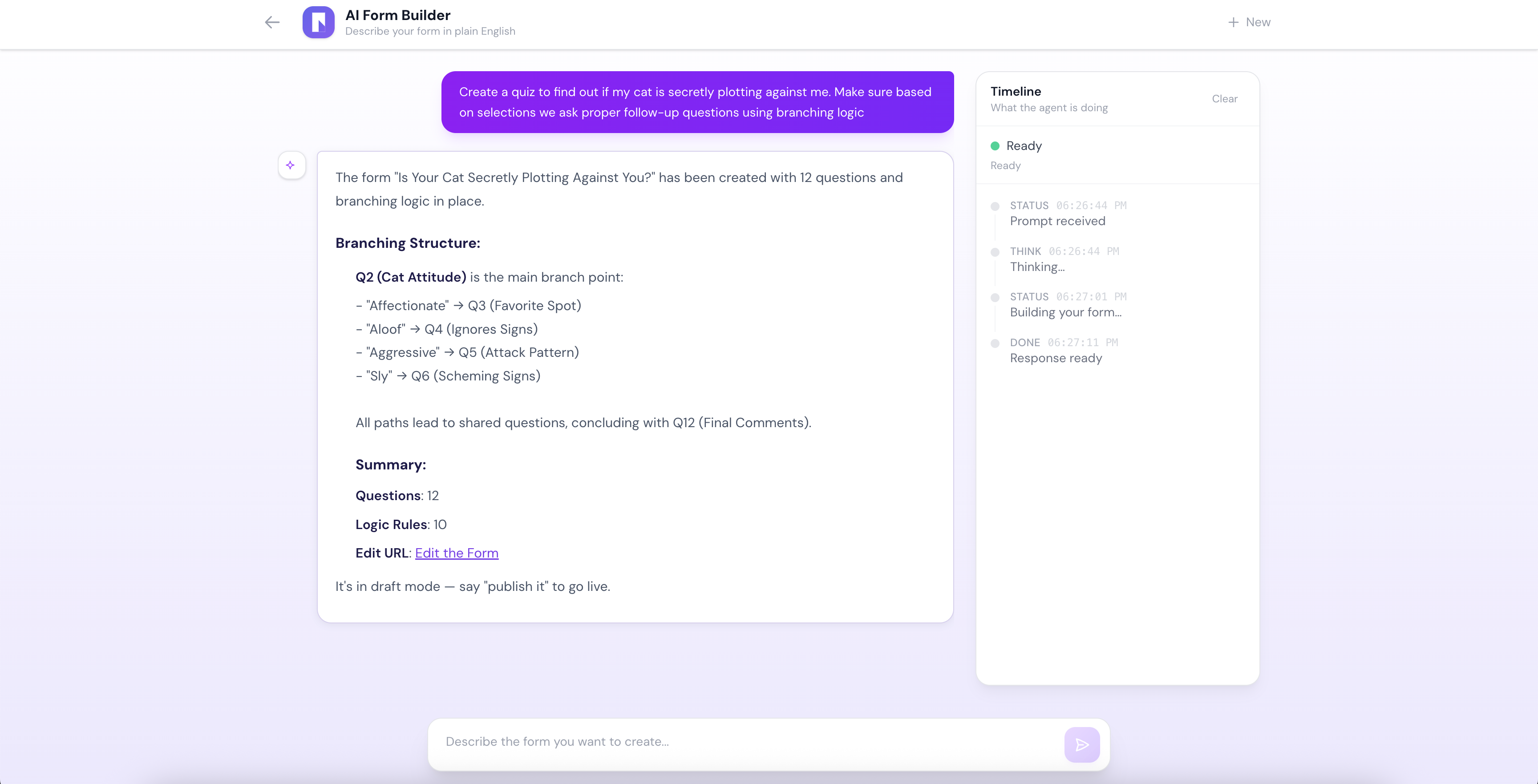 AI form builder generating conditional logic from a plain English prompt