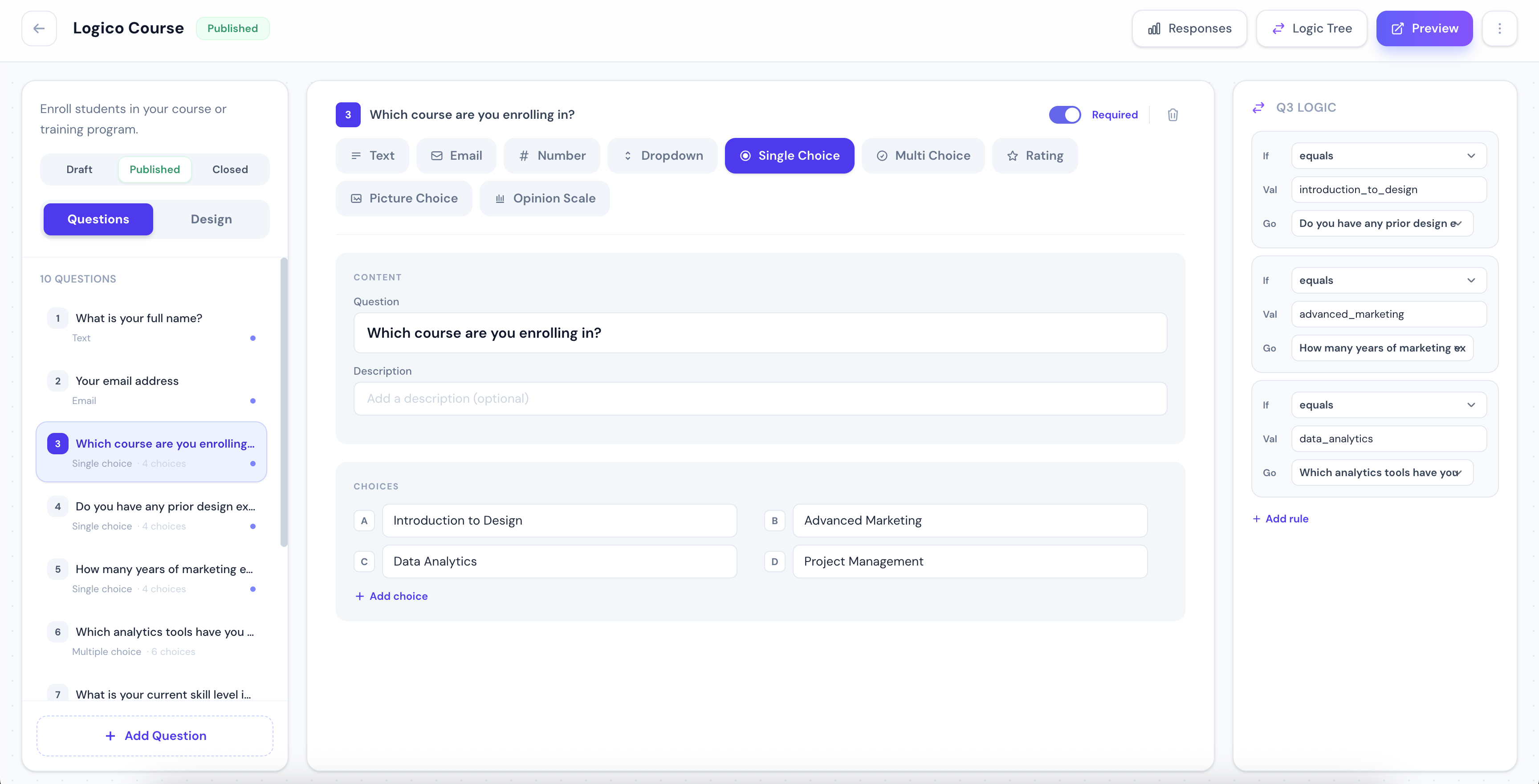 No code form builder interface with drag and drop questions